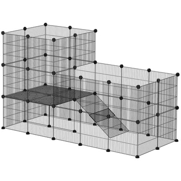 Dwergkonijnenren met loopplank, 39 panelen | Kleur: Zwart | Afmetingen: 70x140x105 cm