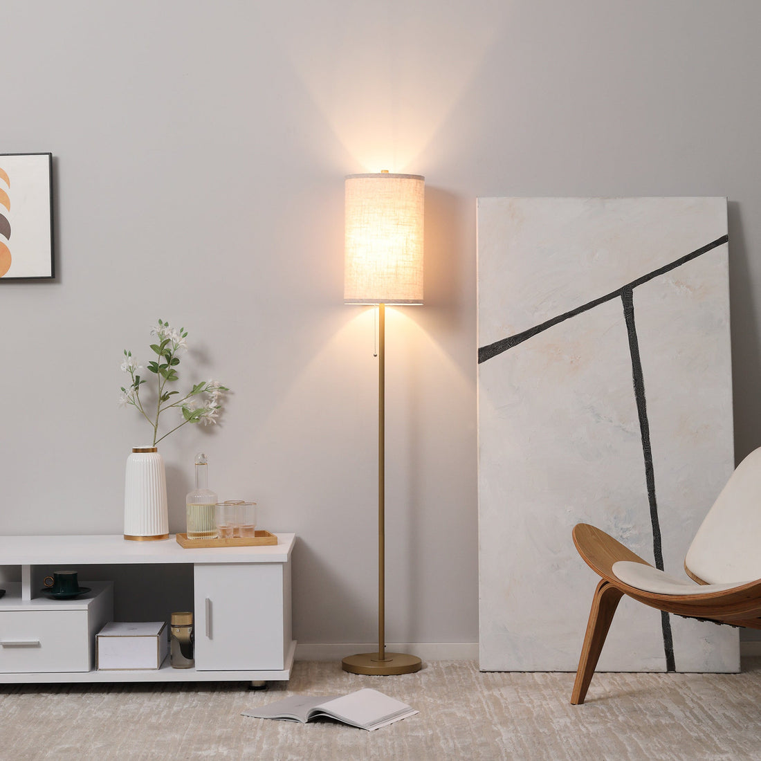 Stalen vloerlamp met stoffen kap - Goud-Wit | Kleur: Goud-Wit | Afmetingen: 25.5x25.5x157 cm