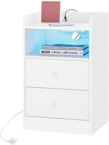 Nachtkastje met stopcontacten USB-poorten en ledverlichting | Wit | 40x35x64 cm