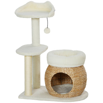 Kattenkrabpaal met kattenbedden en kattenhuis | Kleur: Crèmewit | Afmetingen: 40x60x79 cm