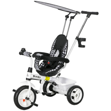 6-in-1 kinderdriewieler met duwstang, dak en mand | Kleur: Wit | Afmetingen: 47x105x98 cm
