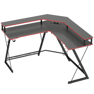 L-vormig hoekbureau met stopcontacten | Kleur: Zwart | Afmetingen: 128x128x88 cm