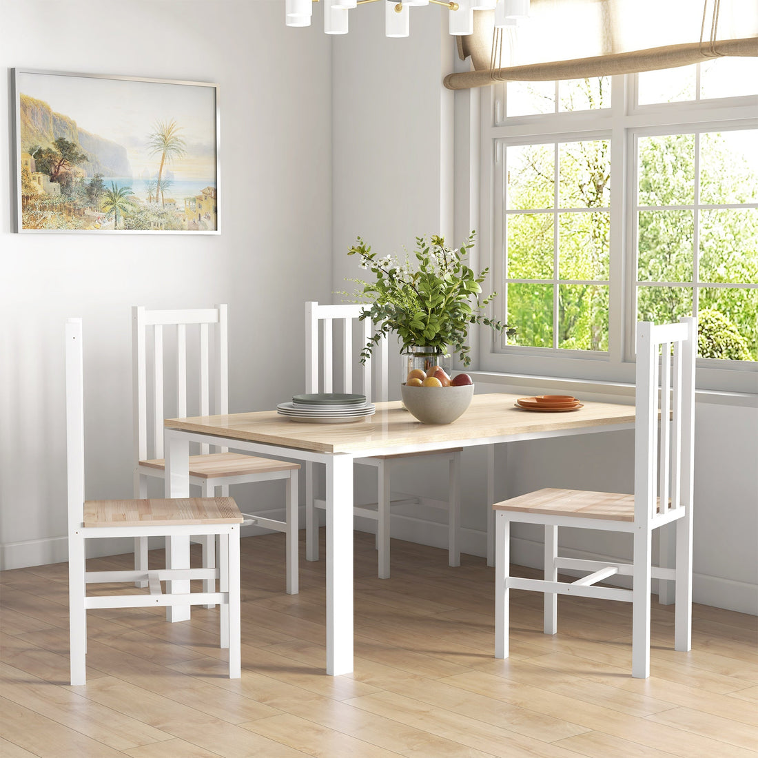 4 houten eetkamerstoelen | Kleur: Wit + bruin | Afmetingen: 47.5x38x99 cm