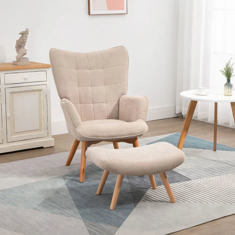 Sessel mit Hocker und Fußhocker - Beige | Farbe: Beige | Abmessungen: 80x72x101 cm