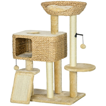 Kattenkrabpaal met hangmat en kattengrot | Kleur: Naturel, beige | Afmetingen: 40x60x98 cm