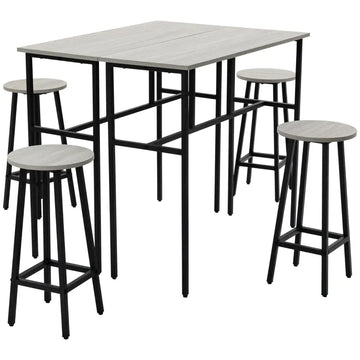 6-delige bartafelset met 4 barkrukken | Kleur: Grijs+Zwart | Afmetingen: 40x100x90 cm