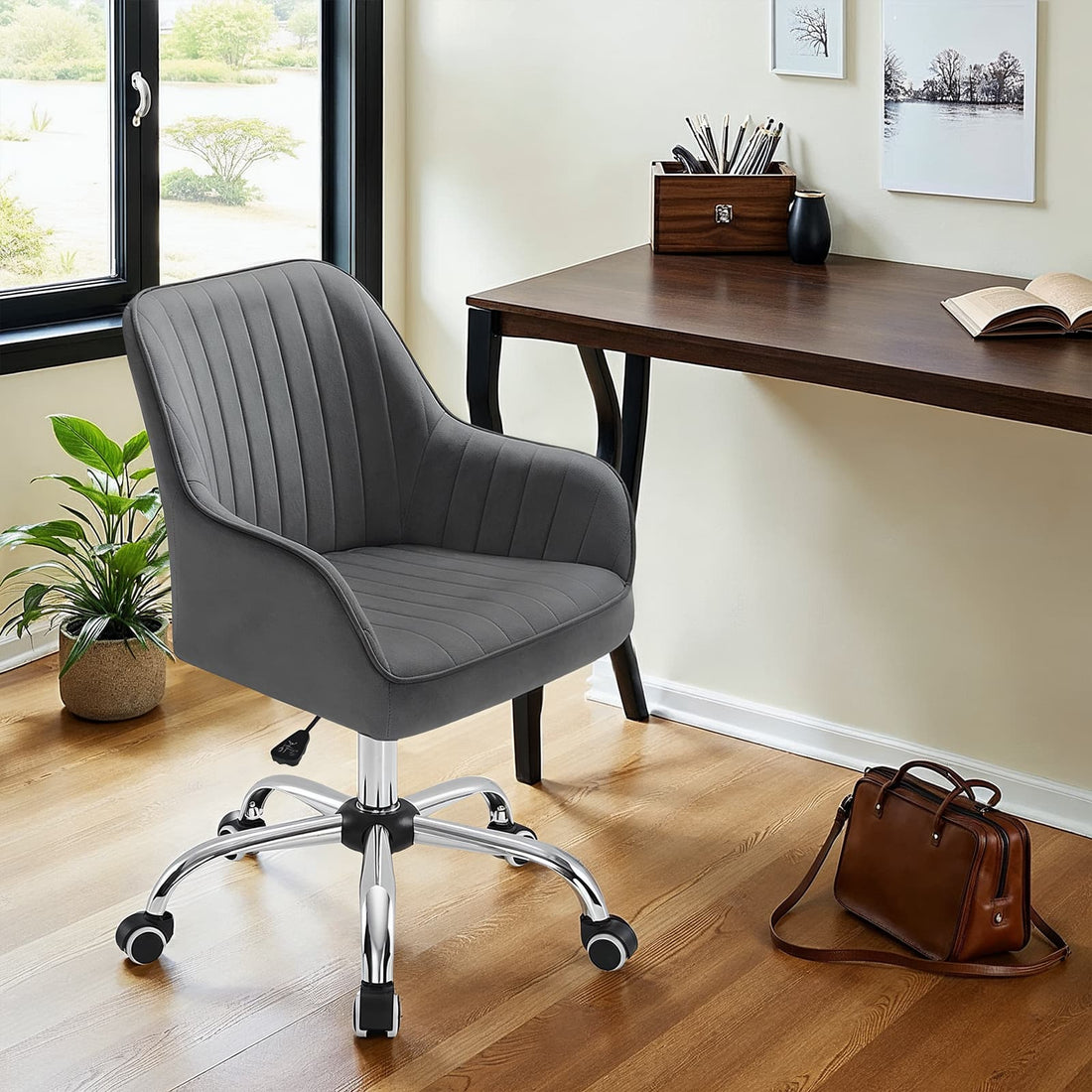 Grå skrivbordsstol - ergonomisk - svängbar - sammet - 64 x 62 x 80-90 cm