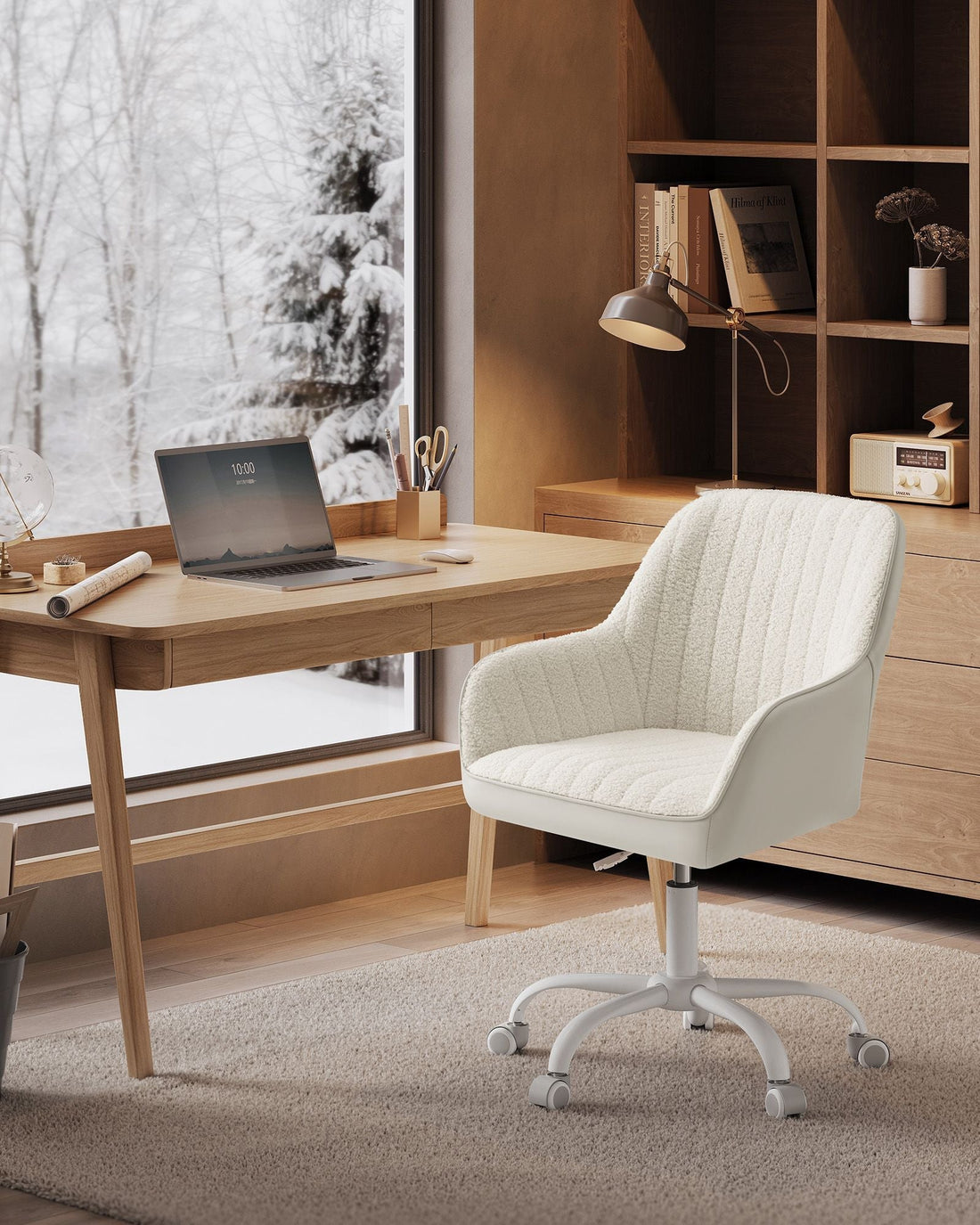 Ergonomisk kontorsstol - sherpa, konstläder - stålram - cappuccino beige/gräddvit