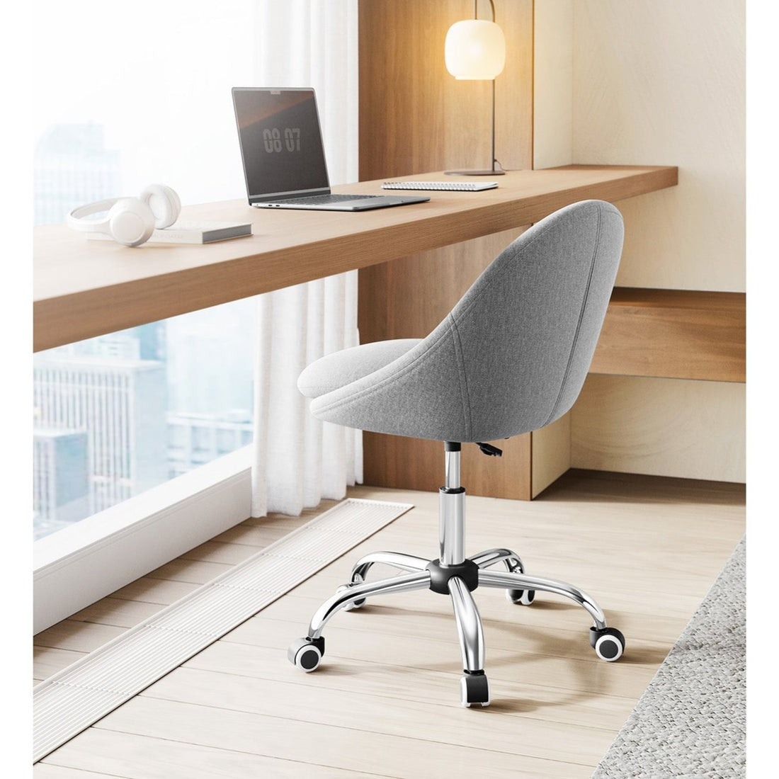 Grå snurrstol, ergonomisk, flyttbar, stålstomme, bomull-linne, 60 x 60 x 80-90 cm