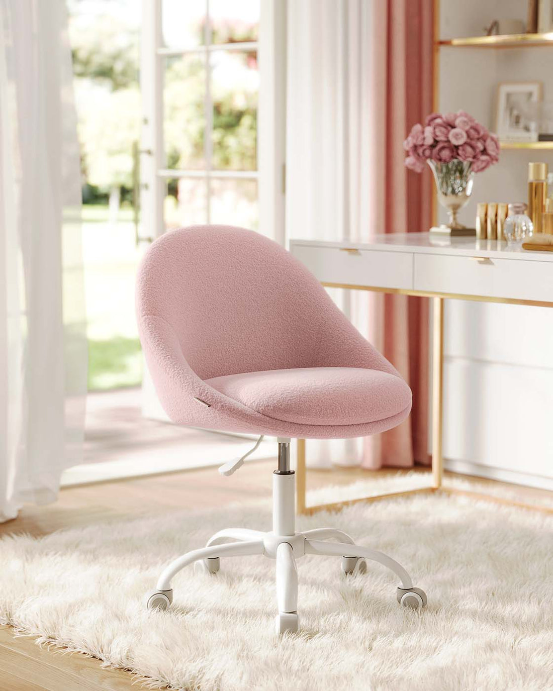 Draaibare bureaustoel - fleece - ergonomisch - verstelbaar - roze, 60x60x80-90 cm