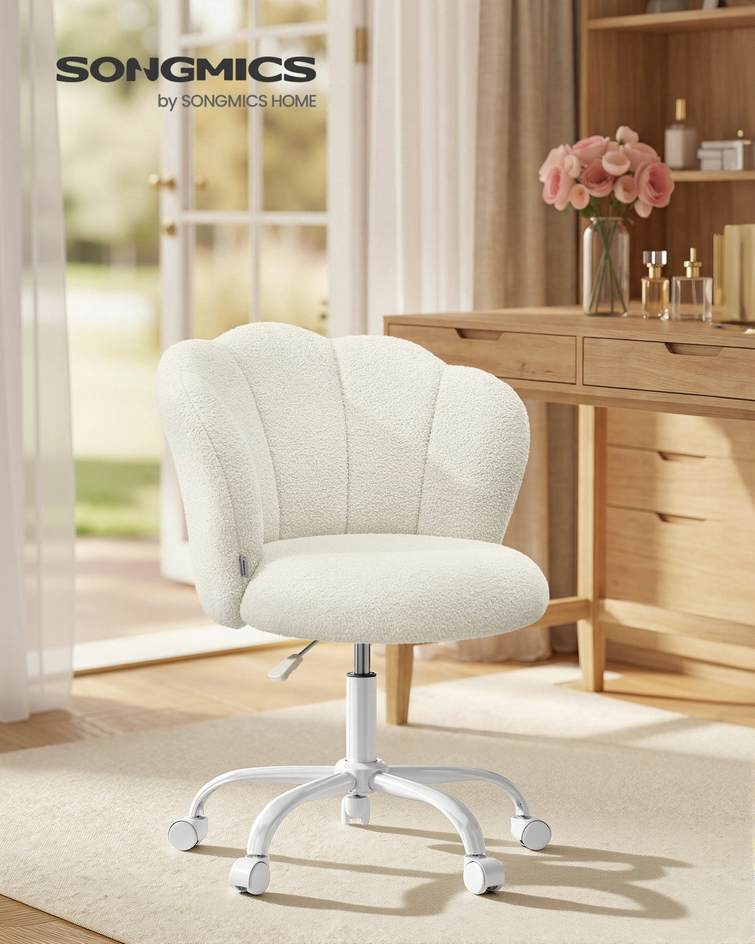 Drehbarer Bürostuhl Schminktischstuhl höhenverstellbar 110 kg | Cremeweiß | 64x64x79-89 cm