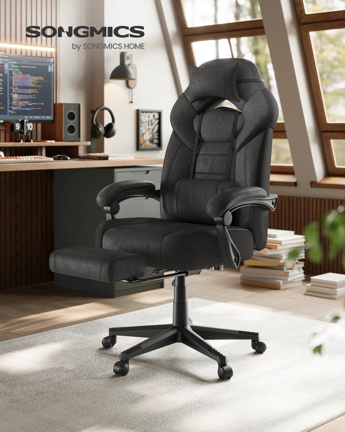 Ergonomisk kontorsstol med fotstöd | Bläcksvart | 70x70x122-134 cm