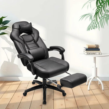 Ergonomische gamestoel met voetensteun en verstelbare kussens | Zwart | 70x64x120-128 cm