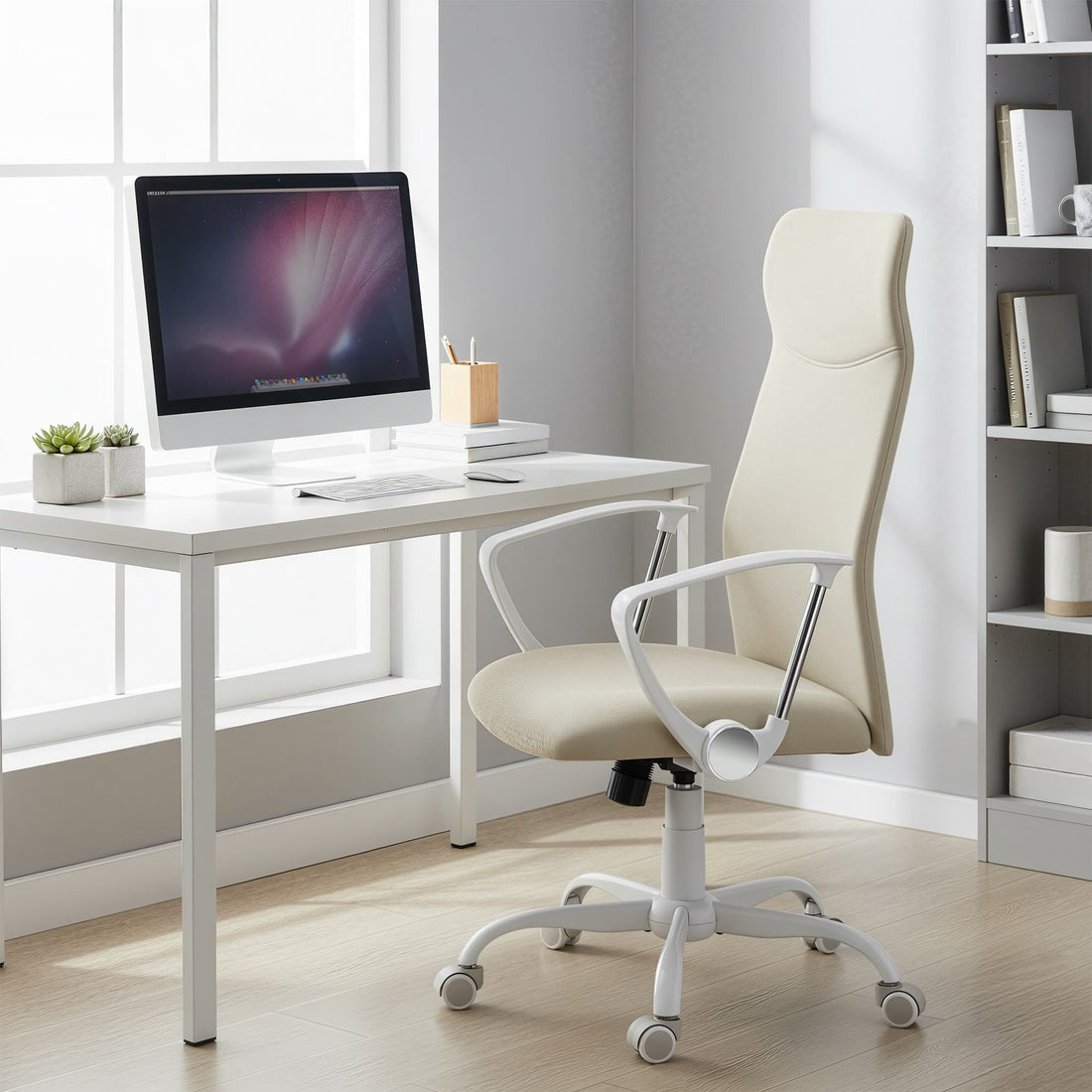 Bürostuhl, höhenverstellbar, ergonomisch und drehbar, gepolsterte Sitzfläche | Beige | 58x59x114,7-122,7 cm