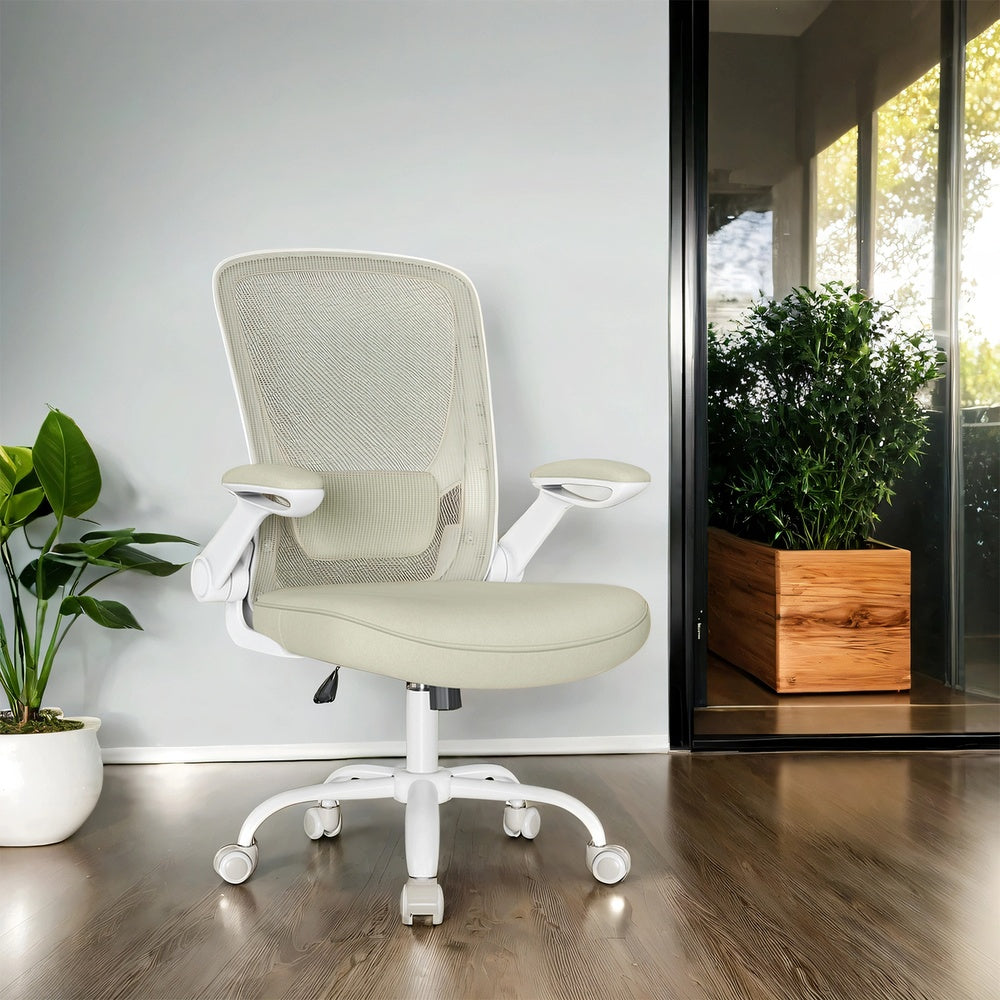 Bürostuhl mit Netzbezug und gepolsterter Lordosenstütze | Beige | 60x66x99-107 cm