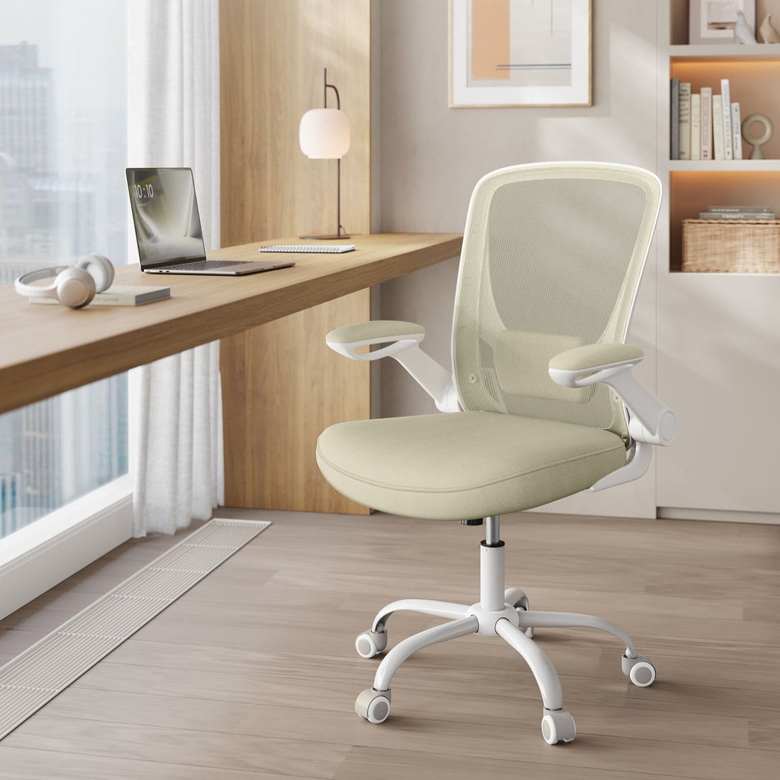 Lyxig ergonomisk kontorsstol - justerbar - bekväm - beige - 66 x 60 x 107 cm