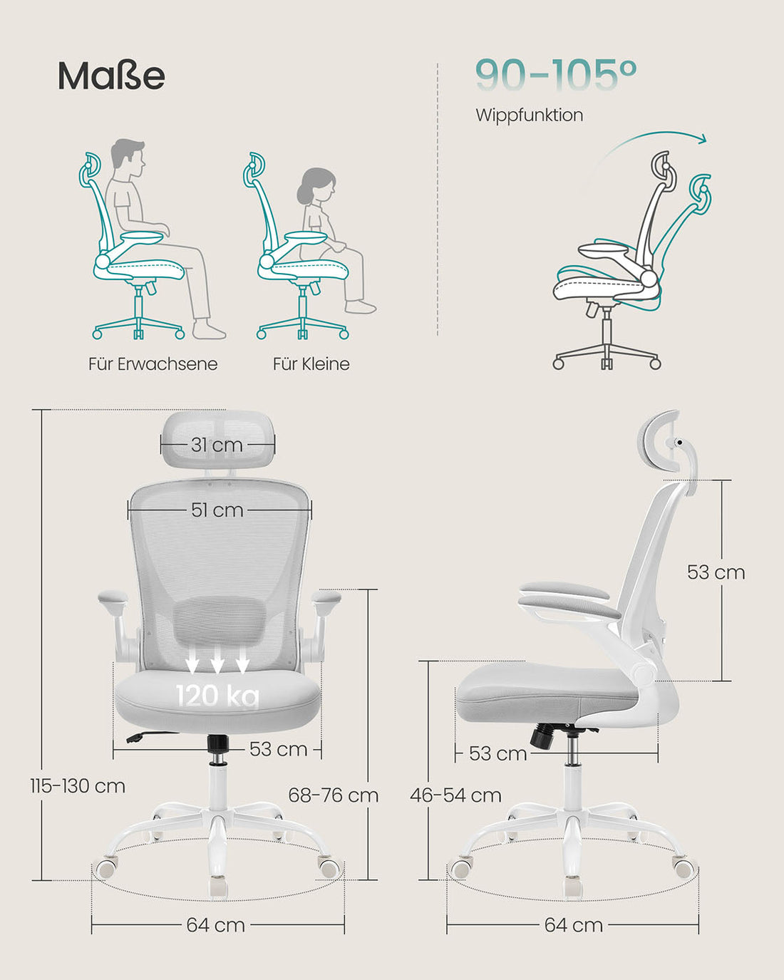 Ergonomisk kontorsstol med nackstöd – justerbar – grå – 64 x 64 x 115-130 cm
