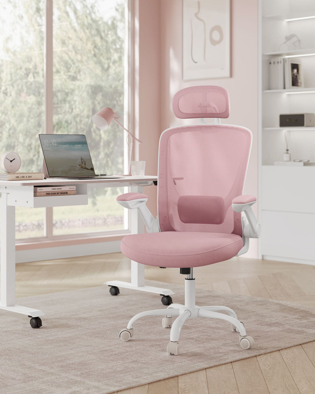 Ergonomisk kontorsstol med gung- och snurrfunktion, pastellrosa, 64 x 64 x 115-130 cm