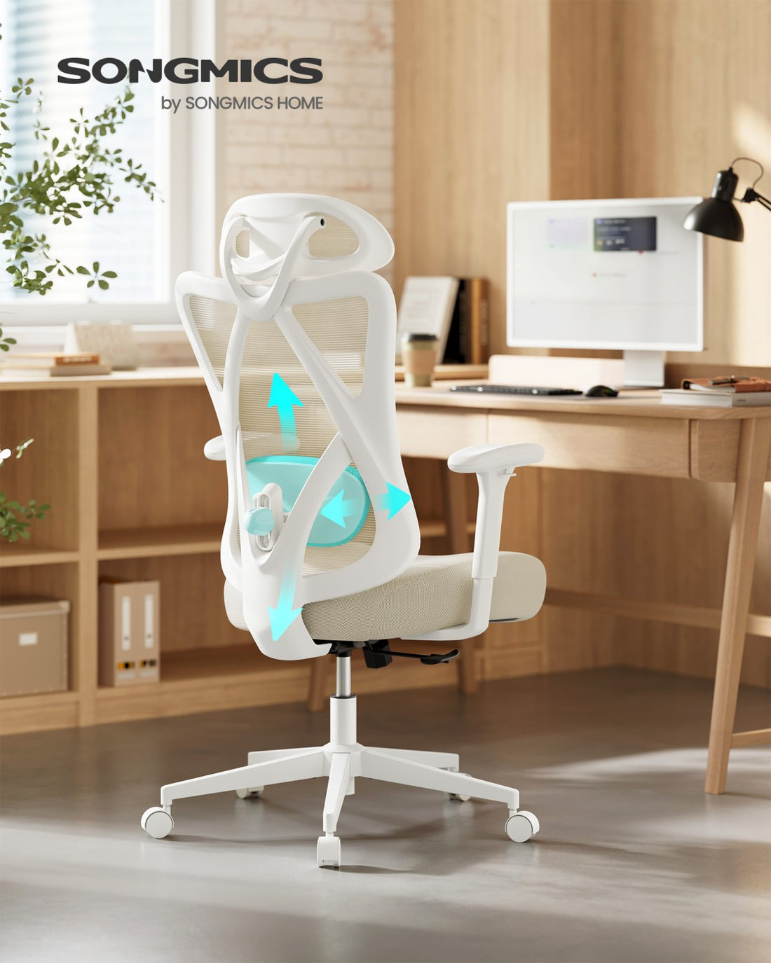 Bürostuhl mit verstellbarer Lenden- und Kopfstütze | Cappuccinobeige | 70x70x115-125 cm