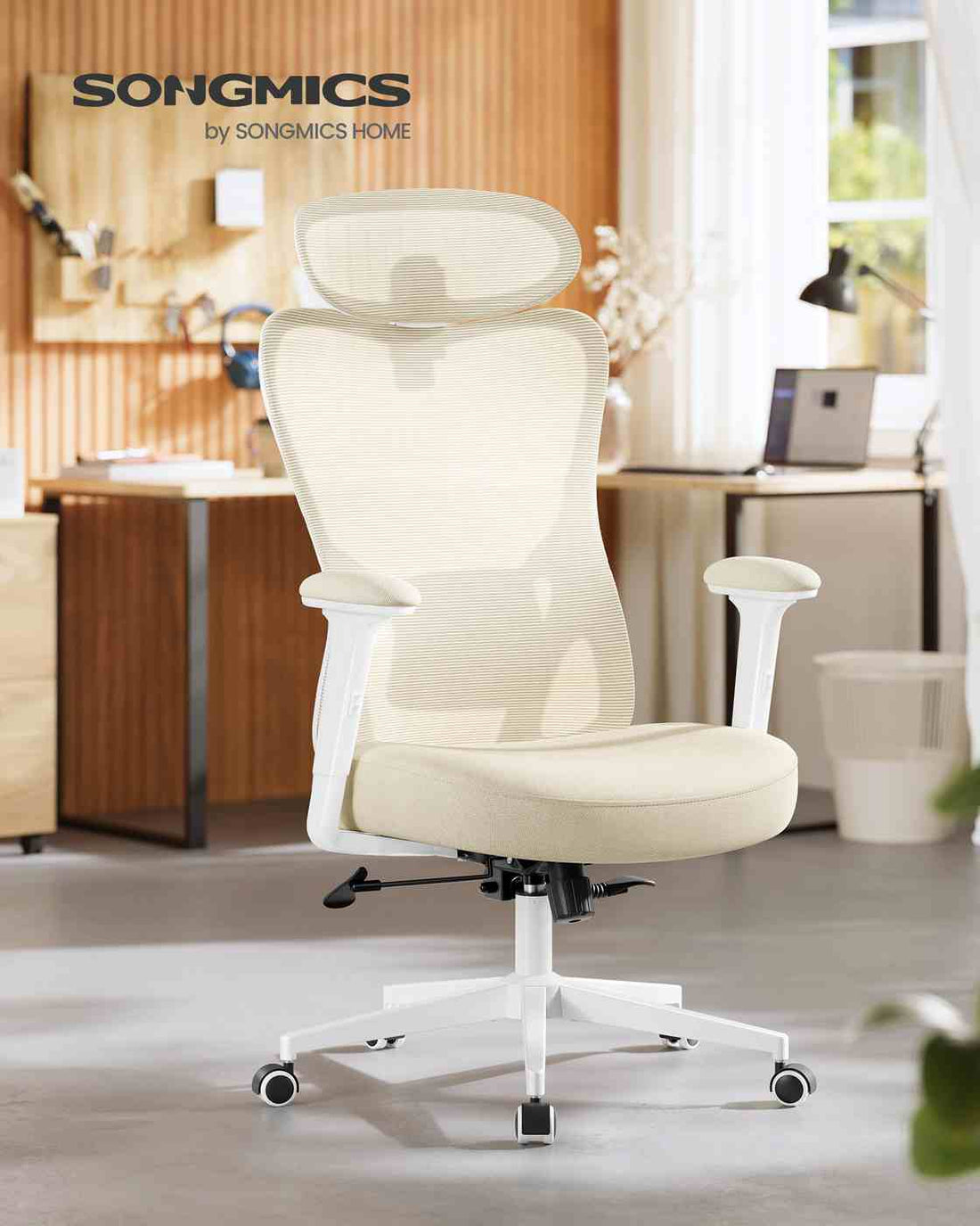 Ergonomischer Bürostuhl mit verstellbarer Unterstützung | Sandbeige | 70x70x119-136 cm