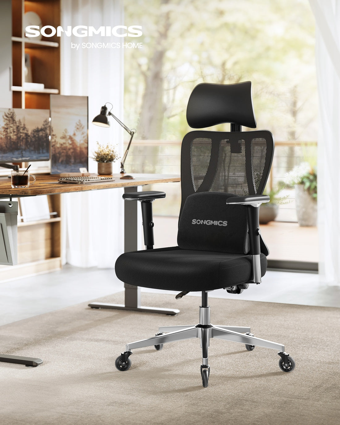 Ergonomischer Bürostuhl mit verstellbarer Unterstützung | Tintenschwarz | 70x70x112-136 cm
