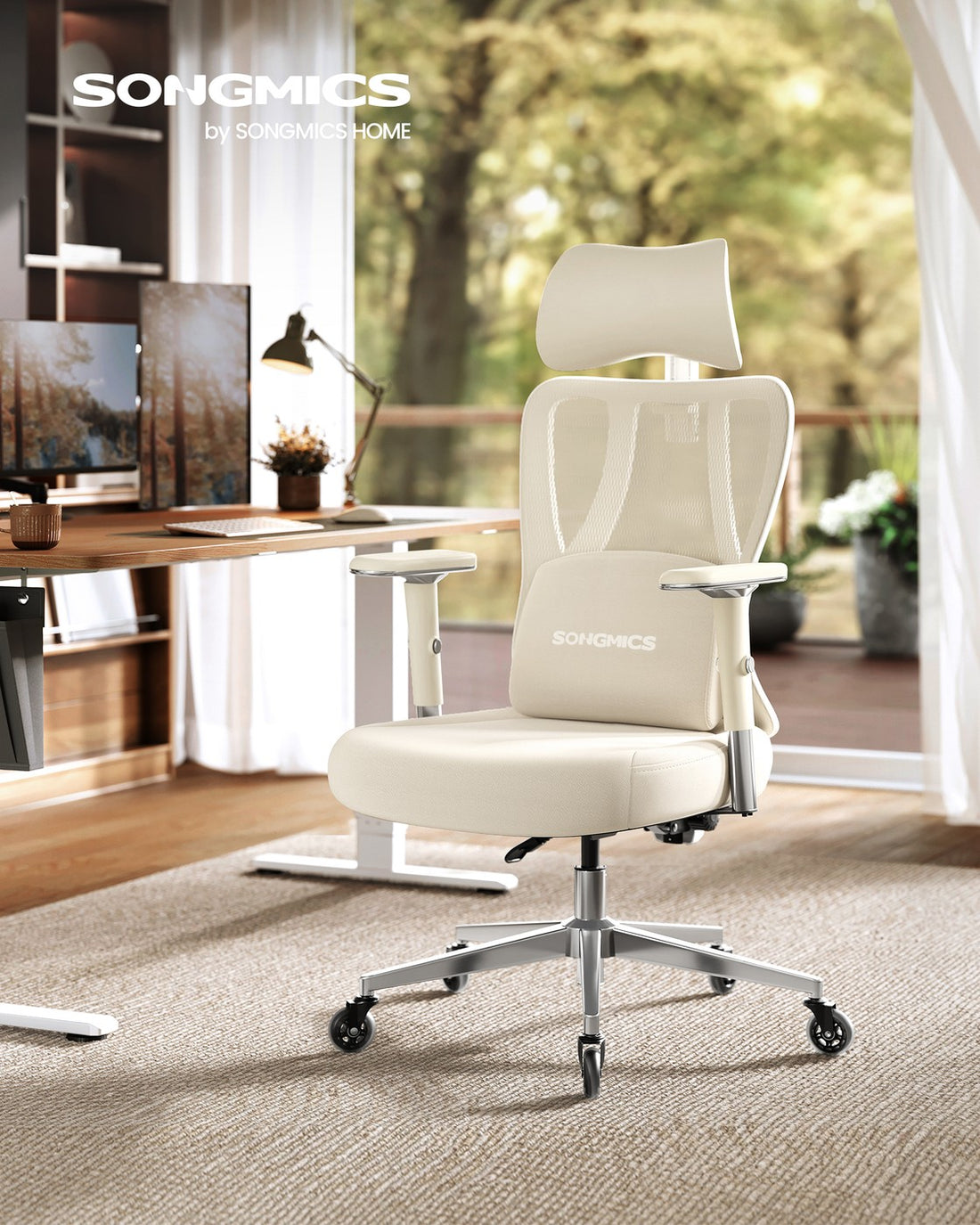 Ergonomischer Bürostuhl mit verstellbarer Stütze | Kamelbraun-Wolkeweiß | 70x70x112-136 cm