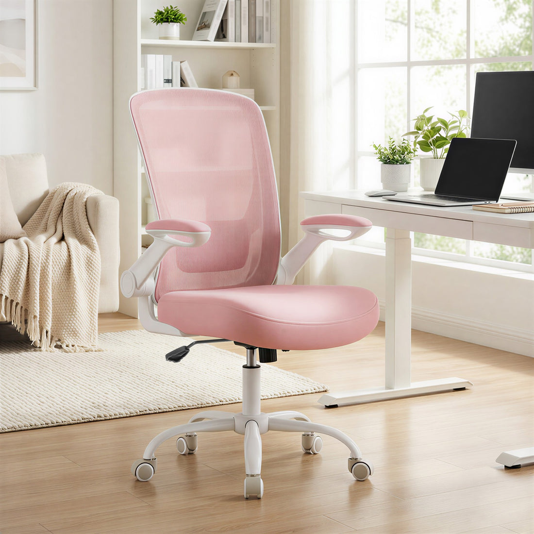 Ergonomischer Bürostuhl mit Wippfunktion und Netzstoff | Rosa | 60x64x103-110 cm