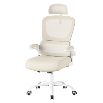 Draaistoel met wipfunctie, netrugleuning en inklapbare armleuningen | Beige | 71,5x64x116-135 cm