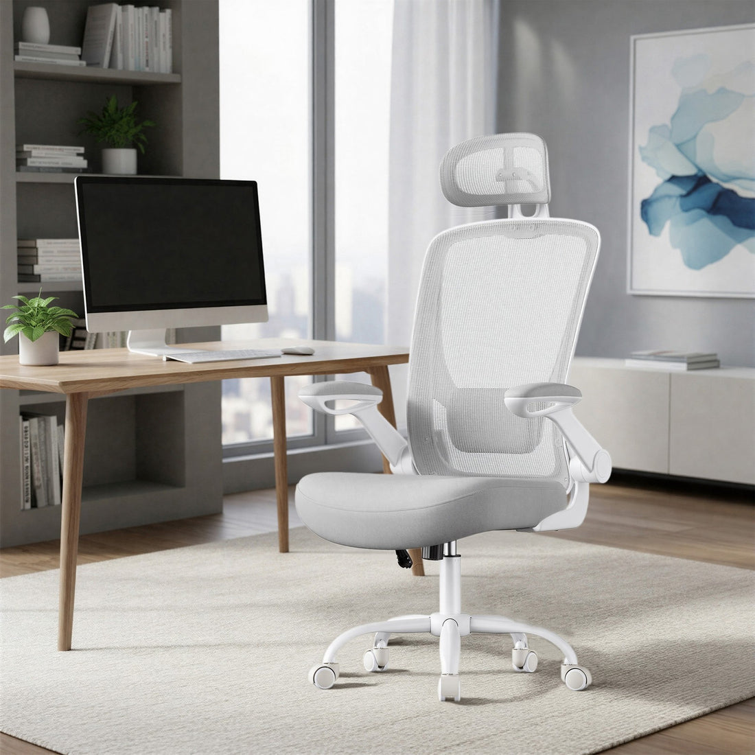 Ergonomischer Bürostuhl mit Wippfunktion und Netzrückenlehne | Grau | 62x62,4x120,4 cm