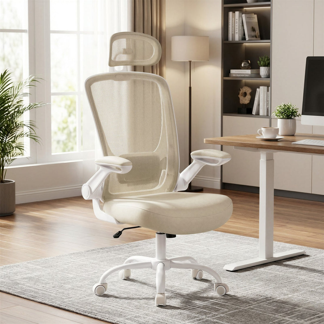 Ergonomischer Bürostuhl mit Wippfunktion und Netzstoff | Beige | 62x62,4x120,4 cm