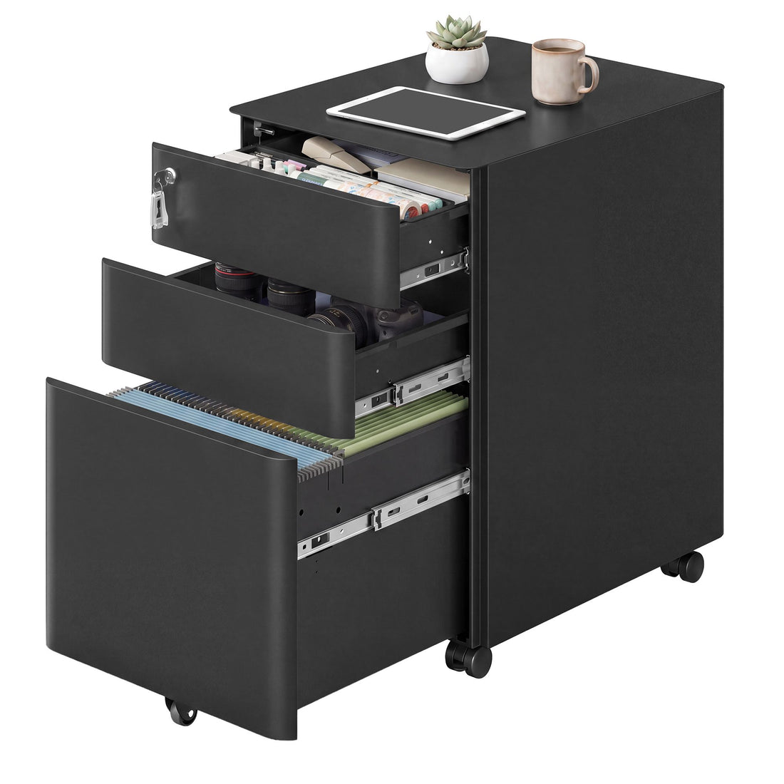 Rollcontainer mit Rollen, Aktenschrank und Büroschrank | Schwarz | 39x50x59 cm