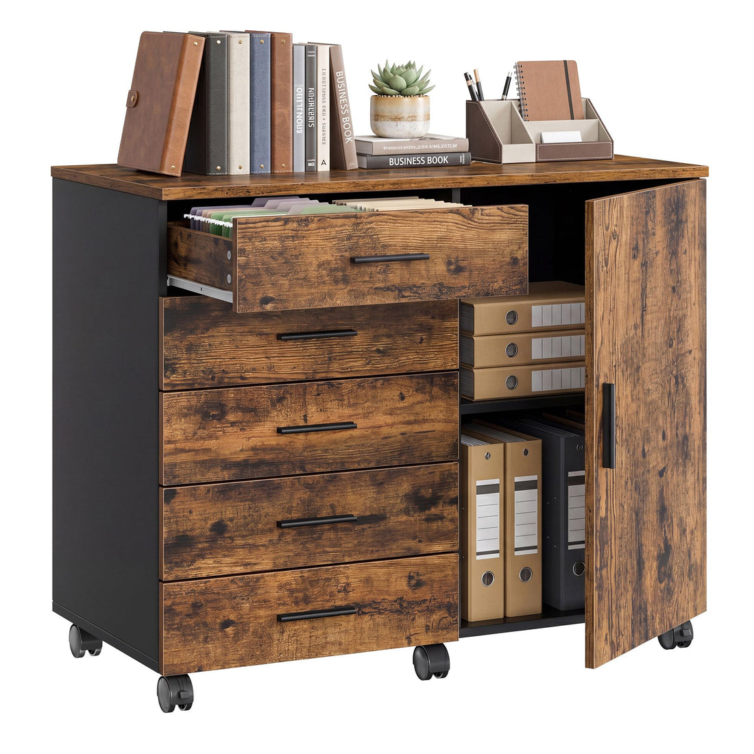 Rollcontainer mit Tür und Aktenschrank | Braun | 80x40x65 cm