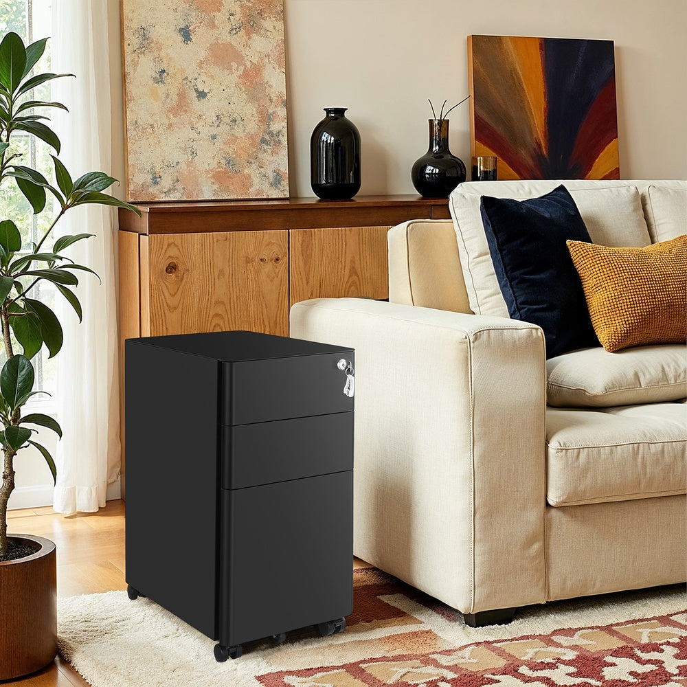 Rollcontainer Aktenschrank mit 3 Schubladen und Hängeregistratur | Schwarz | 46x30x59,2 cm