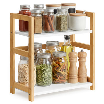 Kruidenrek met 2 niveaus van bamboe | Naturelbeige-sneeuwwit | 41x18,6x41 cm