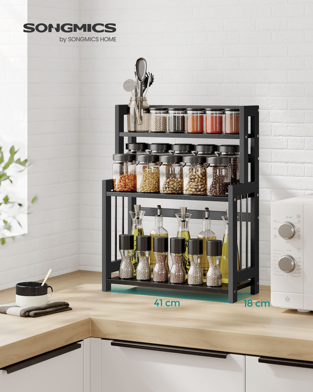 Kruidenrek keuken - bamboe/MDF - 18 x 41 x 53 cm - zwart - 2,6 kg