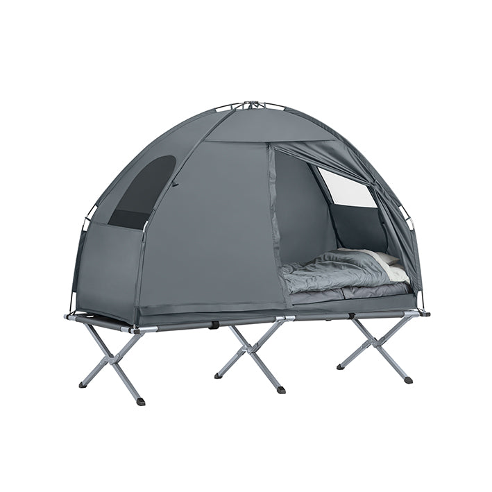 Alles-in-één campingset - Pop-up tent - Draagbaar kampeerbed - Buitenslaapsysteem - Duurzaam Oxford Nylon - Muggenbescherming - Gemakkelijk transport - 193 cm x 160 cm x 86 cm - Lichtgrijs