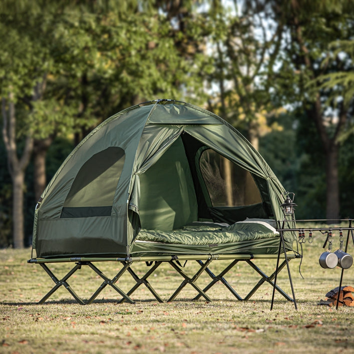 Alles-in-één Campingset voor 2 - Pop-Up Tent - Kampeerbed - Campingligstoel - Waterdicht - Eenvoudige montage - Duurzaam Oxford Nylon - L193 x D145 x H188cm - Groen
