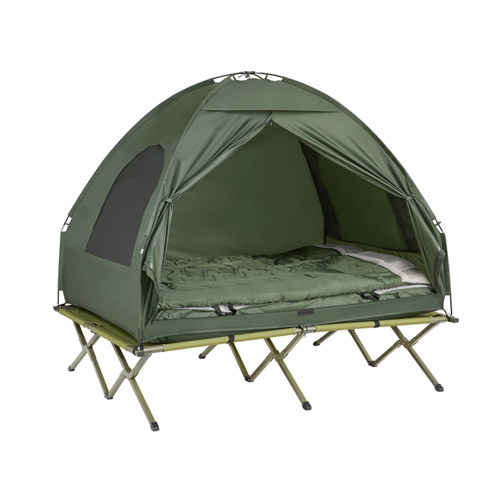 Alles-in-één Campingset voor 2 - Pop-Up Tent - Kampeerbed - Campingligstoel - Waterdicht - Eenvoudige montage - Duurzaam Oxford Nylon - L193 x D145 x H188cm - Groen
