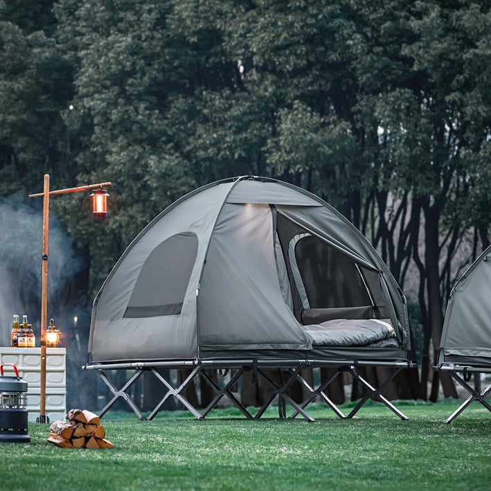 4-in-1 Campingtentbundel voor 2 personen - Pop-up tent - Kampeerbed met ligstoel - Duurzaam Oxford Nylon - Waterdicht polyester - Gemakkelijk te transporteren - 193 cm x 188 cm x 145 cm - Lichtgrijs