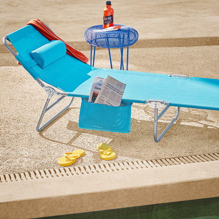 verstelbare ligstoel - strandligstoel - tuinligstoel - opvouwbaar, ademend, met zijvak - blauw - 195 cm x 58 cm x 63 cm