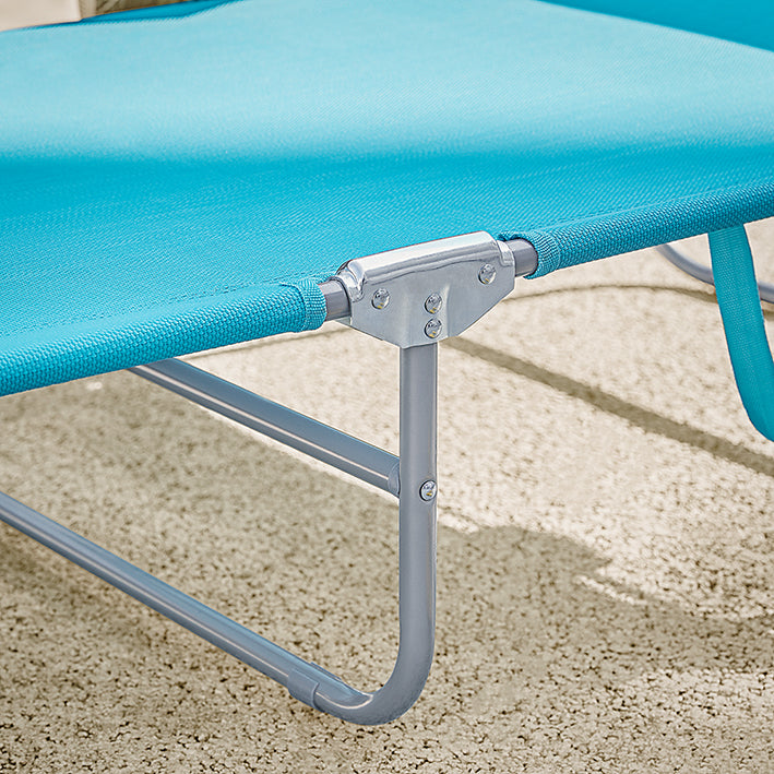 Verstelbare strandligstoel - Tuinligstoel - Opvouwbare ligstoel - Ademende synthetische vezels - Afneembaar kussen - Zijvak - 195 cm x 58 cm x 63 cm - Blauw