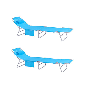 Verstelbare strandligstoel - Tuinligstoel - Opvouwbare ligstoel - Ademende synthetische vezels - Afneembaar kussen - Zijvak - 195 cm x 58 cm x 63 cm - Blauw