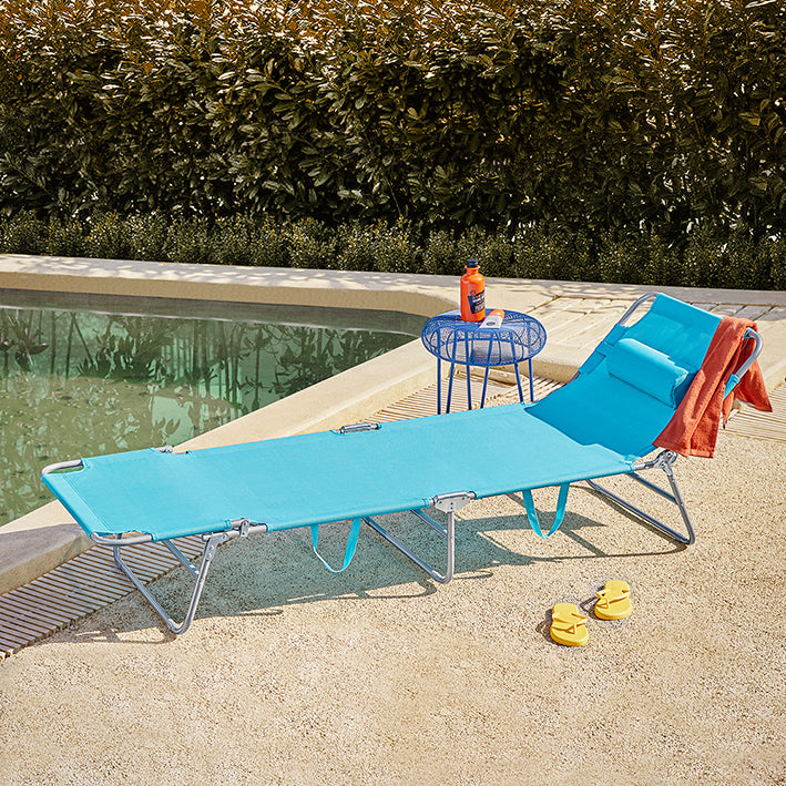 verstelbare ligstoel - strandligstoel - tuinligstoel - opvouwbaar, ademend, met zijvak - blauw - 195 cm x 58 cm x 63 cm