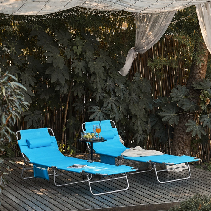 Verstelbare strandligstoel - Tuinligstoel - Opvouwbare ligstoel - Ademende synthetische vezels - Afneembaar kussen - Zijvak - 195 cm x 58 cm x 63 cm - Blauw