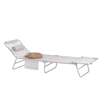 Verstelbare strandligstoel - Tuinligstoel - Opvouwbare ligstoel - Ademende synthetische vezels - Afneembaar kussen - Zijvak - 195 cm x 58 cm x 63 cm - Beige