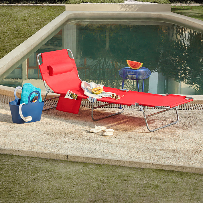 Verstelbare Ligstoel - Strandligstoel - Tuinstoel - Opvouwbaar, Ademend, met Zijvak - Rood - 195cm x 58cm x 63cm