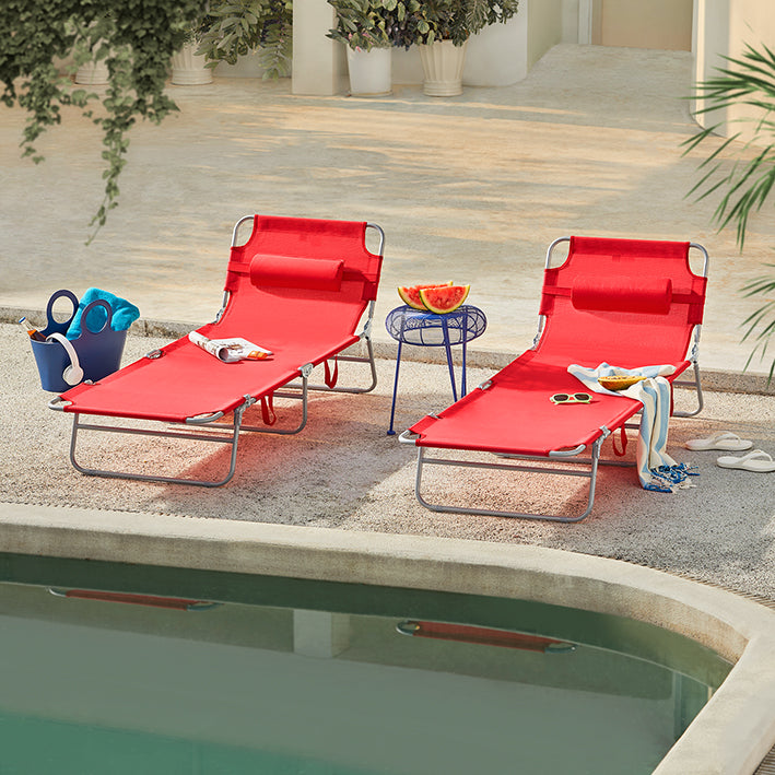 Verstelbare strandligstoel - Tuinligstoel - Opvouwbare ligstoel - Ademende stof - Afneembaar kussen - Zijvak - Snel opvouwbaar ontwerp - 195 cm x 58 cm x 63 cm - Rood