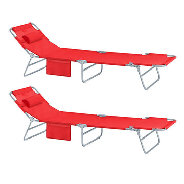 Verstelbare strandligstoel - Tuinligstoel - Opvouwbare ligstoel - Ademende stof - Afneembaar kussen - Zijvak - Snel opvouwbaar ontwerp - 195 cm x 58 cm x 63 cm - Rood