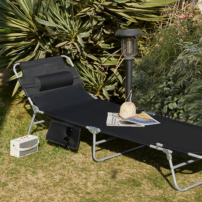 Verstelbare Ligstoel - Strandligstoel - Tuinligstoel - Opvouwbare, ademende stof, met kussen en zijvak - Zwart - 195 cm x 58 cm x 63 cm