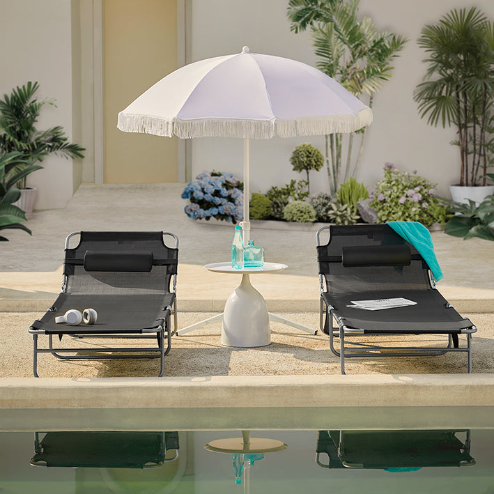 Verstelbare strandligstoel - Tuinligstoel - Opvouwbare ligstoel - Ademende stof - Afneembaar kussen - Zijvak - 195 cm x 58 cm x 63 cm - Zwart